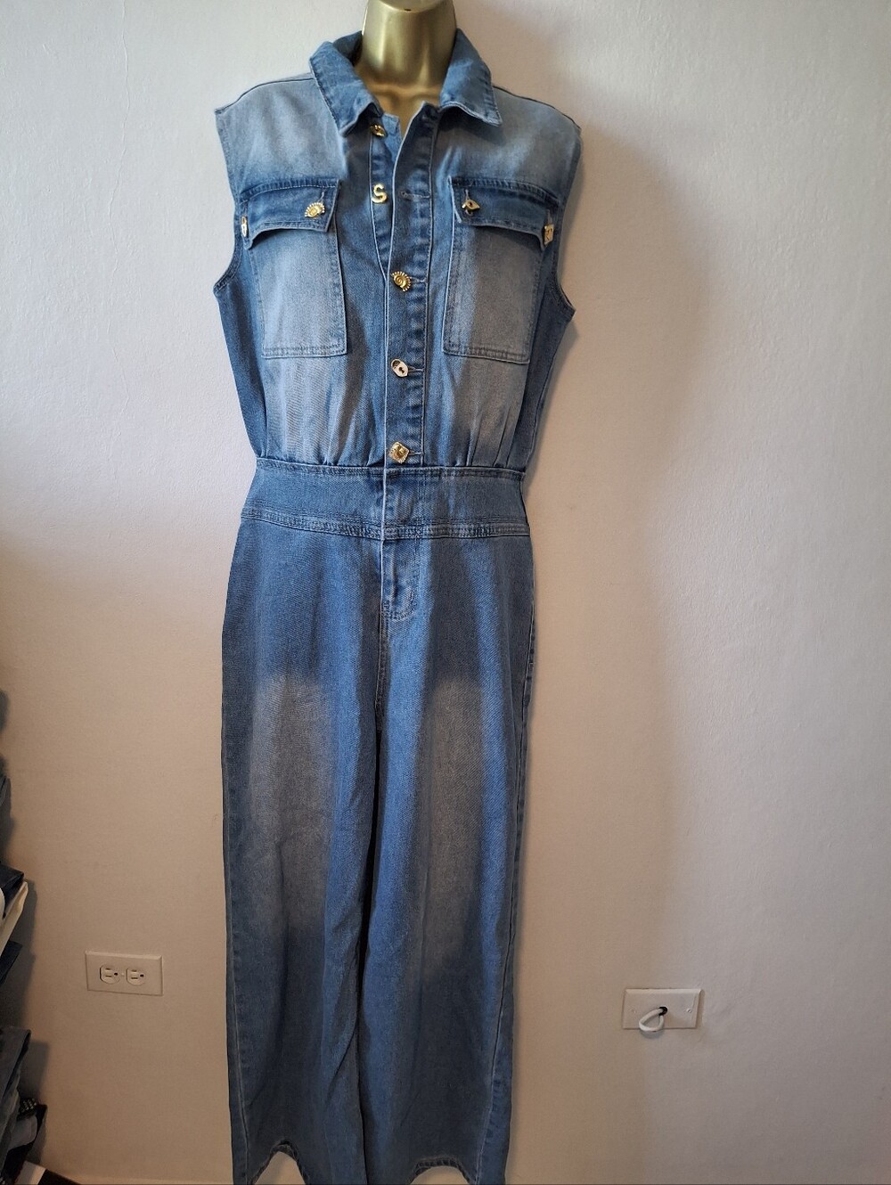 Sleeveless Denim Jumpsuit in Light Blue